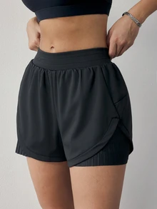 SHEIN Dewbera Quần short thể thao nữ 2 trong 1 có túi ẩn - màu đen - Xem 3