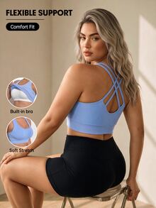 SHEIN Unity Blue Plus Size Sports Tank Top For Women, Built-In Padding, Criss-Cross Back, Casual Summer Going Out Outfits - Baby Blue - View 2