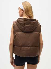 SHEIN Sports Solid Color Pocketed Hooded Sleeveless Padded Vest, Winter Sports - Coffee Brown - View 2