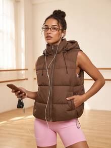 SHEIN Sports Solid Color Pocketed Hooded Sleeveless Padded Vest, Winter Sports - Coffee Brown - View 3