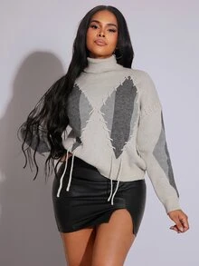 BamGleam Women's Autumn/Winter Casual Color Block High Neck Drawstring Long Sleeve Sweater Knit Pullover Fall - Multicolor - View 6