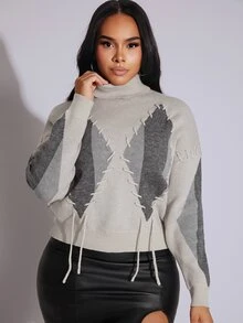 BamGleam Women's Autumn/Winter Casual Color Block High Neck Drawstring Long Sleeve Sweater Knit Pullover Fall - Multicolor - View 5