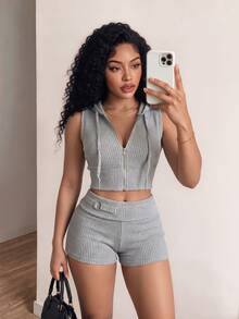 BamGleam Spring/Summer New Ribbed Knit Hoodie Set, Slim Fit Zip-Up Cardigan And Casual Shorts 2 Pieces Outfit Lounge Gym Gray - Grey - View 3