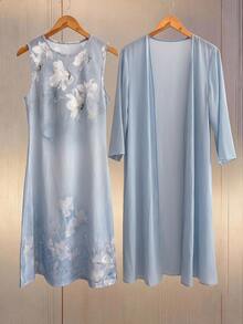 Medorina Women's Elegant Dusty Blue Floral Print Dress And Half Sleeve Open Front Robe 2-Piece Set,Summer Vacation Outfit,Dining & Festival Set - Baby Blue - View 3
