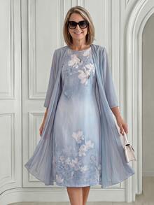 Medorina Women's Elegant Dusty Blue Floral Print Dress And Half Sleeve Open Front Robe 2-Piece Set,Summer Vacation Outfit,Dining & Festival Set - Baby Blue - View 2