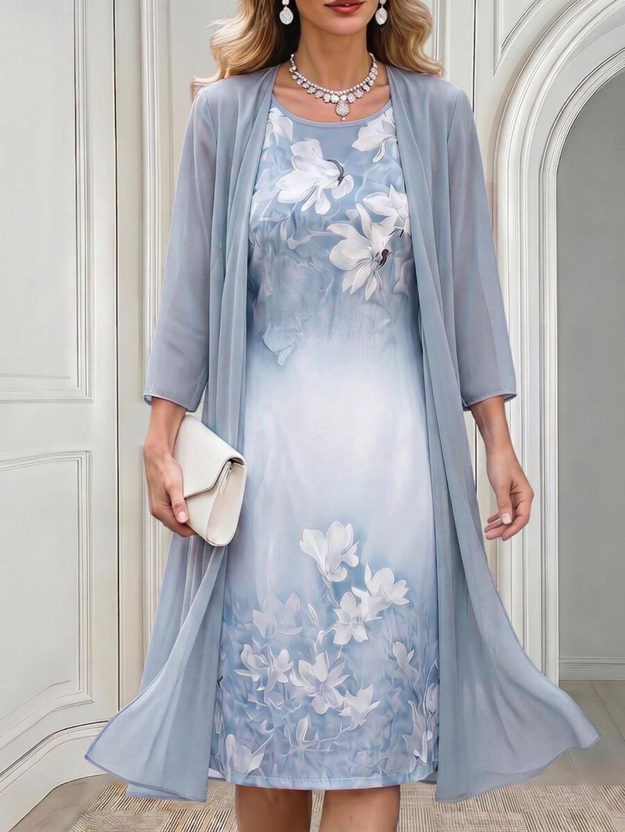 Medorina Women's Elegant Dusty Blue Floral Print Dress And Half Sleeve Open Front Robe 2-Piece Set,Summer Vacation Outfit,Dining & Festival Set - Baby Blue - View 1