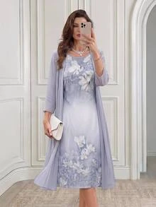 Medorina Women's Elegant Dusty Blue Floral Print Dress And Half Sleeve Open Front Robe 2-Piece Set,Summer Vacation Outfit,Dining & Festival Set - Baby Blue - View 6