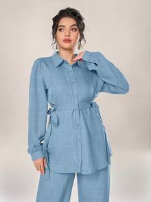 Graceveil Women 2pcs Set Front Button Long Sleeve Casual Blouse And Trousers 2 Pieces Set Modest Fall Cloth For Women - Blue - View 5