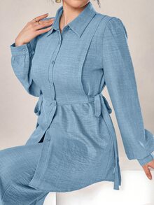 Graceveil Women 2pcs Set Front Button Long Sleeve Casual Blouse And Trousers 2 Pieces Set Modest Fall Cloth For Women - Blue - View 6