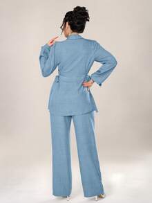 Graceveil Women 2pcs Set Front Button Long Sleeve Casual Blouse And Trousers 2 Pieces Set Modest Fall Cloth For Women - Blue - View 4