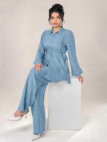 Graceveil Women 2pcs Set Front Button Long Sleeve Casual Blouse And Trousers 2 Pieces Set Modest Fall Cloth For Women - Blue - View 7