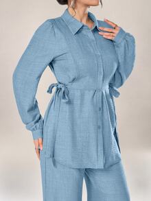 Graceveil Women 2pcs Set Front Button Long Sleeve Casual Blouse And Trousers 2 Pieces Set Modest Fall Cloth For Women - Blue - View 2