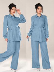 Graceveil Women 2pcs Set Front Button Long Sleeve Casual Blouse And Trousers 2 Pieces Set Modest Fall Cloth For Women - Blue - View 3