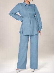 Graceveil Women 2pcs Set Front Button Long Sleeve Casual Blouse And Trousers 2 Pieces Set Modest Fall Cloth For Women - Blue - View 8