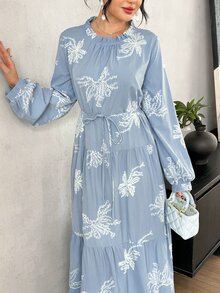 Graceveil Vacation Style Round Neck Embroidered Ruffle Tie Long Sleeve Full Skirt Elegant Long Dress For Women - Blue - View 7