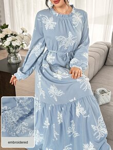 Graceveil Vacation Style Round Neck Embroidered Ruffle Tie Long Sleeve Full Skirt Elegant Long Dress For Women - Blue - View 9