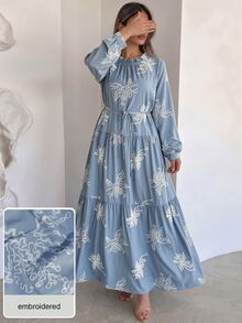 Graceveil Vacation Style Round Neck Embroidered Ruffle Tie Long Sleeve Full Skirt Elegant Long Dress For Women - Blue - View 6