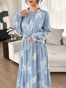Graceveil Vacation Style Round Neck Embroidered Ruffle Tie Long Sleeve Full Skirt Elegant Long Dress For Women - Blue - View 3