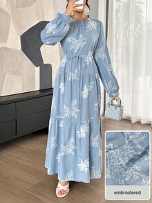Graceveil Vacation Style Round Neck Embroidered Ruffle Tie Long Sleeve Full Skirt Elegant Long Dress For Women - Blue - View 5