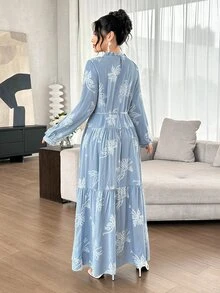 Graceveil Vacation Style Round Neck Embroidered Ruffle Tie Long Sleeve Full Skirt Elegant Long Dress For Women - Blue - View 8