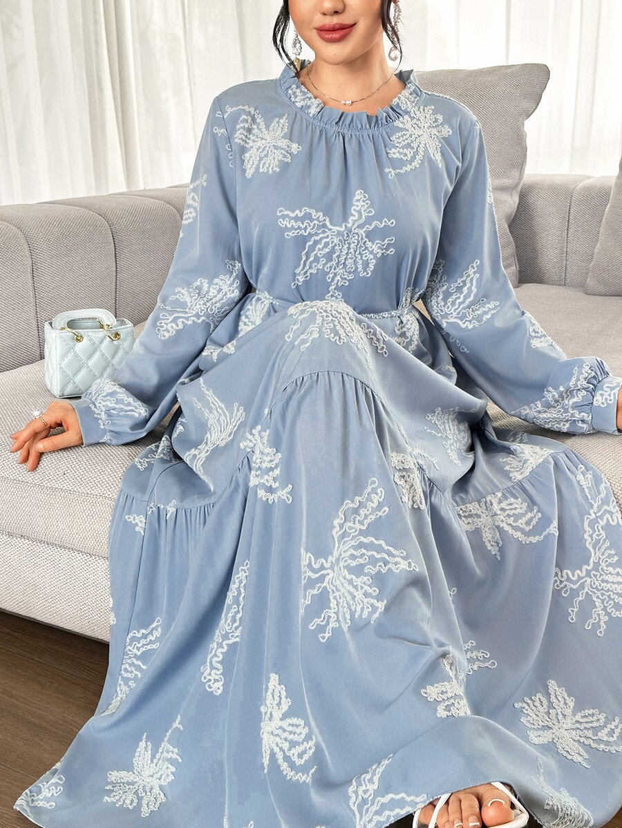 Graceveil Vacation Style Round Neck Embroidered Ruffle Tie Long Sleeve Full Skirt Elegant Long Dress For Women