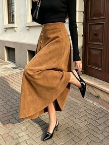 Modelyn Suede-Like Micro-Stretch Elegant Fashionable Elegant Commute Versatile Brown Long Skirt - Brown - View 3