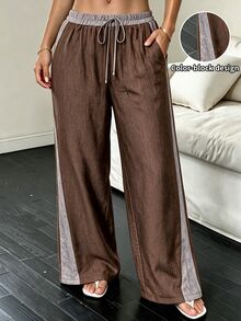 Vionelle Plus Size Women's Drawstring Waist Casual Versatile Everyday Travel Long Pants Fall - Coffee Brown - View 4