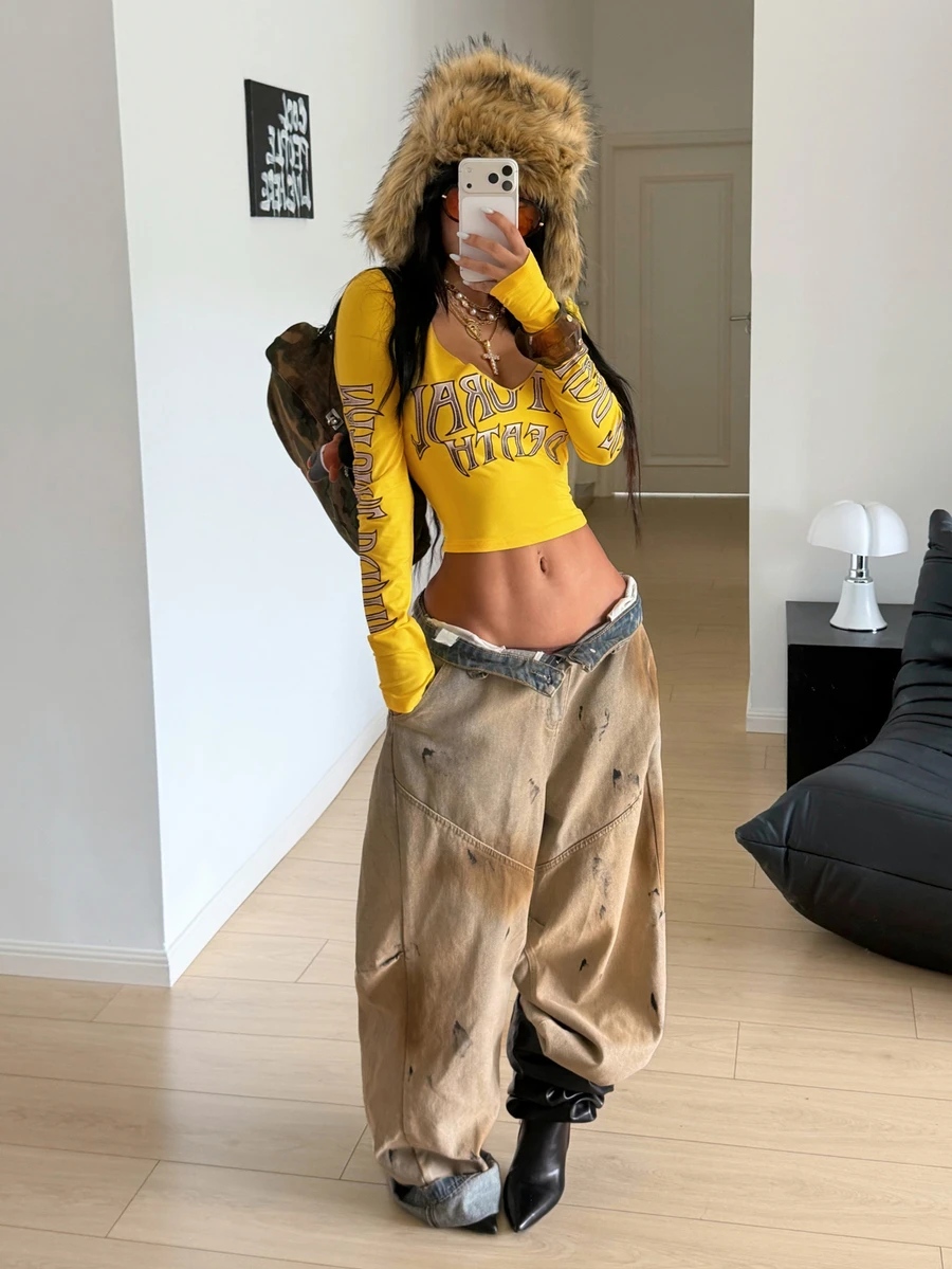 StreetHx Women's Letter Print Slim Fit Versatile Daily Casual Y2k 90s Long Sleeve T-Shirt Concert Yellow Fall - Yellow - View 1