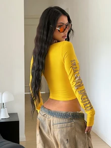 StreetHx Women's Letter Print Slim Fit Versatile Daily Casual Y2k 90s Long Sleeve T-Shirt Concert Yellow Fall - Yellow - View 2