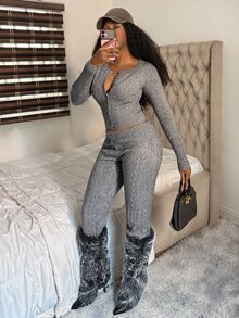 Fiercella Fiercella Streetwear Sexy Casual Women's Fall Solid Color Y2K American Hot Girl Cable Knit Set Short Cardigan Flared Waist Pants Sweater Two Pieces Outfit Grey - Grey - View 4