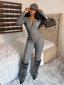 Fiercella Fiercella Streetwear Sexy Casual Women's Fall Solid Color Y2K American Hot Girl Cable Knit Set Short Cardigan Flared Waist Pants Sweater Two Pieces Outfit Grey - Grey - View 3