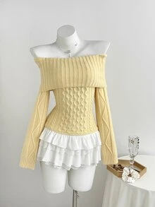 Elamini Women's Autumn/Winter Off-Shoulder Striped Cable Knit Large Collar Slim Fit Versatile Sweet Vibe Knit Sweater - Light Yellow - View 8