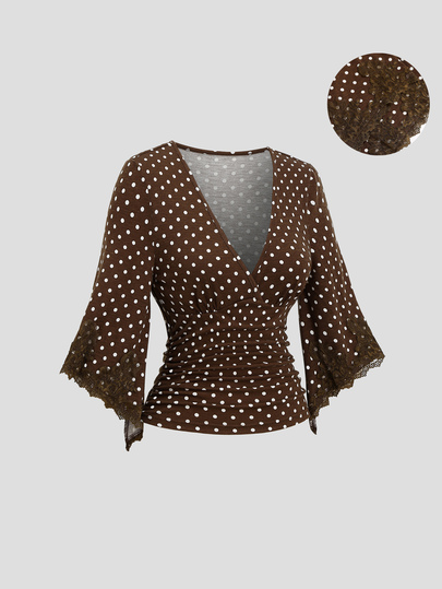 Sweetra Camiseta ajustada de manga media asimétrica con estampado de lunares, ribete de encaje y patchwork, elegante y casual, versátil para uso diario, calle y fiesta, para mujer, otoño/invierno