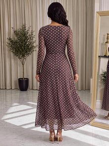 SHEIN Lady Women's Polka Dot Pattern Drawstring Waist Long Sleeve Elegant Dress - Multicolor - View 2