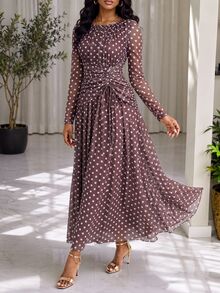 SHEIN Lady Women's Polka Dot Pattern Drawstring Waist Long Sleeve Elegant Dress - Multicolor - View 6