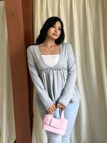 GalTyme Plus Size Women's 2 In 1 Frill Trim Long Sleeve Casual T-Shirt - Grey - View 4