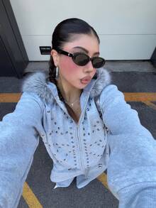 Muchica 大尺碼女款鉚釘設計長袖前拉鍊連帽外套 秋季夜店外訪灰色寬鬆休閒街頭風 Anti Social - 灰色 - 查看 5