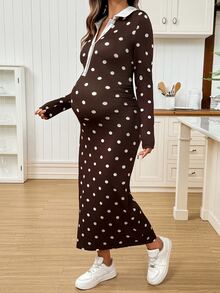 SHEIN Maternity Polka Dot Colorblock Casual Daily Summer Dress - Brown - View 1