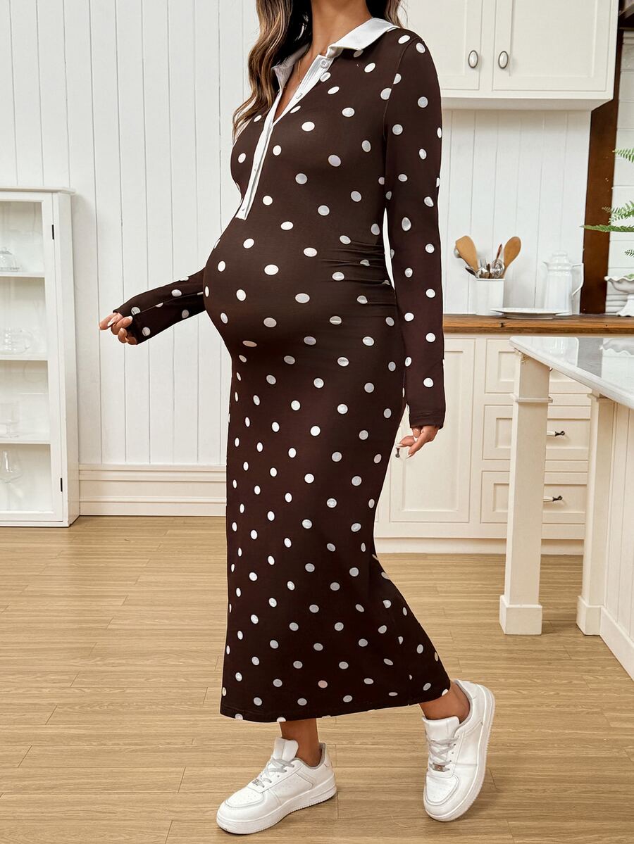 SHEIN Maternity Polka Dot Colorblock Casual Daily Summer Dress - Brown - View 1
