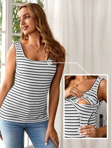 SHEIN 孕婦條紋圖案哺乳背心上衣 - 白色 - 查看 1