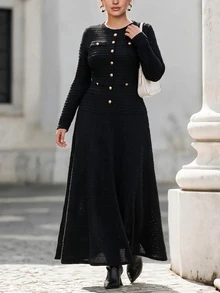 Chikora Plus Size Women Solid Color Button Design Round Neck Long Sleeve Elegant Dress Fall - Black - View 1