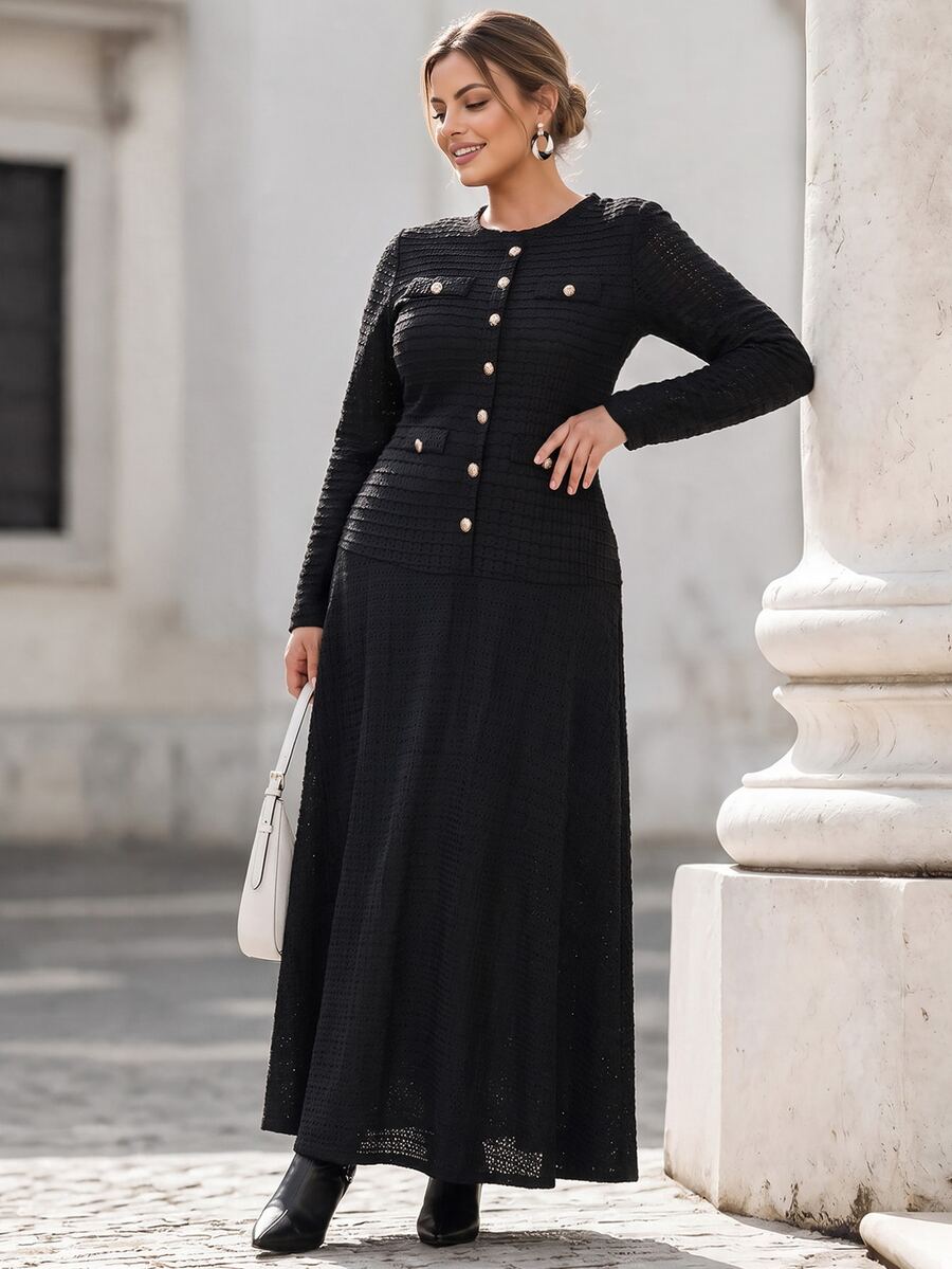 Chikora Plus Size Women Solid Color Button Design Round Neck Long Sleeve Elegant Dress Fall - Black - View 1