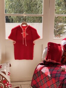 Comfortcana Women's Short Fitted Short Sleeve Top And Shorts Trim Color Block Knit Sweater 2 Pieces Set Winter Clothes 2000s Style - Red - View 5