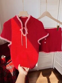 Comfortcana Women's Short Fitted Short Sleeve Top And Shorts Trim Color Block Knit Sweater 2 Pieces Set Winter Clothes 2000s Style - Red - View 10