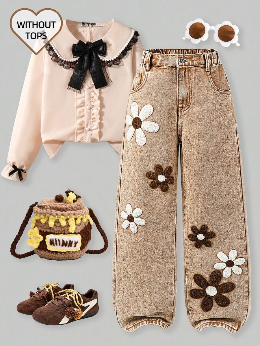 SHEIN ChillGRL Tween Girl New Fashion Snowflake Washed Distressed Embroidered Wide-Leg Jeans Tween Girl Wide Leg Pants With Butterflies And Flowers 70s Tween Girl Earthy Tween