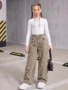 SHEIN Explorewe 女童 Y2K 街頭風新版型牛仔褲，卡其色布料拼接刺繡星星，寬鬆版型，時尚休閒校園度假夏季款 - 咖啡棕 - 查看 9