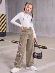 SHEIN Explorewe 女童 Y2K 街頭風新版型牛仔褲，卡其色布料拼接刺繡星星，寬鬆版型，時尚休閒校園度假夏季款 - 咖啡棕 - 查看 6