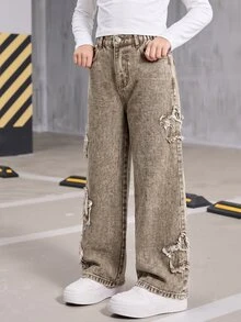 SHEIN Explorewe 女童 Y2K 街頭風新版型牛仔褲，卡其色布料拼接刺繡星星，寬鬆版型，時尚休閒校園度假夏季款 - 咖啡棕 - 查看 8