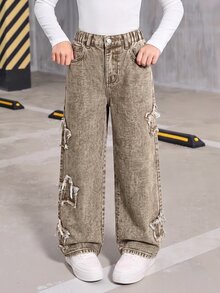 SHEIN Explorewe 女童 Y2K 街頭風新版型牛仔褲，卡其色布料拼接刺繡星星，寬鬆版型，時尚休閒校園度假夏季款 - 咖啡棕 - 查看 7