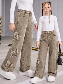 SHEIN Explorewe 女童 Y2K 街頭風新版型牛仔褲，卡其色布料拼接刺繡星星，寬鬆版型，時尚休閒校園度假夏季款 - 咖啡棕 - 查看 1
